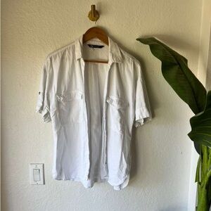 Zara Crisp White Linen blend Button-Up Short Sleeve Shirt Sz L
